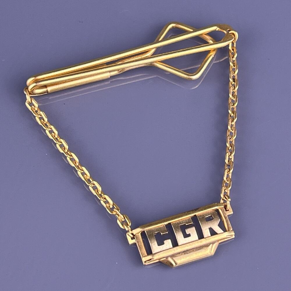 CGR Initial Gold Plated Tie Chain Clip Bar Block Font Mid Century Swank Vintage